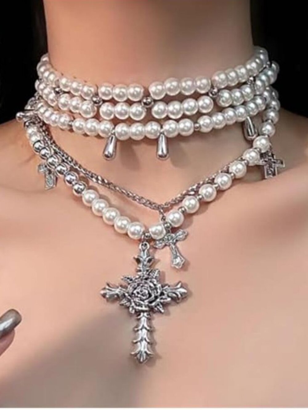 Gothic Cross Layered Faux Pearl Necklace Silver Tone Chunky Stacked